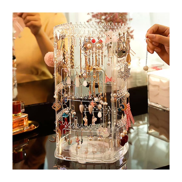 Jewellery Display Stand – 360 Rotating Acrylic Earring Necklace Organizer, Rings Holder Storage Rack