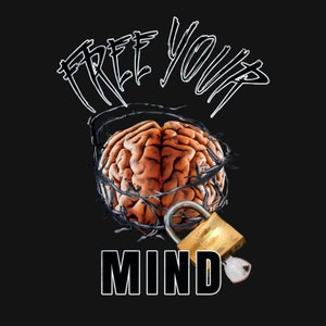 Puede incluir: Un diseño gráfico con el texto "FREE YOUR MIND" en letras blancas. Un cerebro humano está rodeado de alambre de púas y un candado. El cerebro es marrón y el candado es dorado.