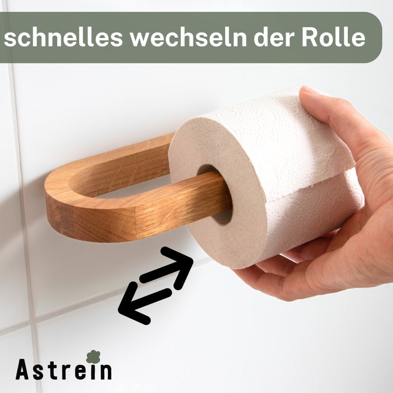 ASTREIN® Klopapierhalter ohne Bohren Toilettenpapierhalter Holz WC Rolle Eiche Klopapier Halter kleben Toilet Paper holder Bild 3