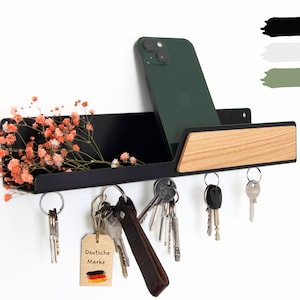 Astrein Schlüsselbrett Magnetisch Schlüsselboard aus Holz Eiche Schlüsselhalter mit Ablage Schlüsselaufbewahrung Metall schwarz Czarny