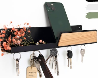 Simple | Clavier magnétique | Clavier en bois | Chêne | Porte-clés avec étagère | Rangement clés métal noir