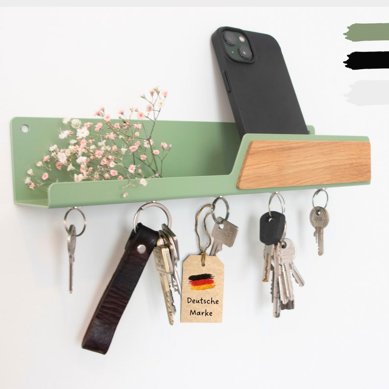 Astrein Schlüsselbrett Magnetisch Schlüsselboard aus Holz Eiche Schlüsselhalter mit Ablage Schlüsselaufbewahrung Metall schwarz Zielony