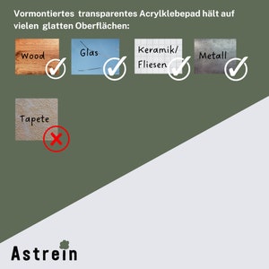 May include: A green and white graphic shows a transparent adhesive pad that can be used on wood, glass, ceramic tiles, and metal. The graphic also shows that the adhesive pad cannot be used on wallpaper.