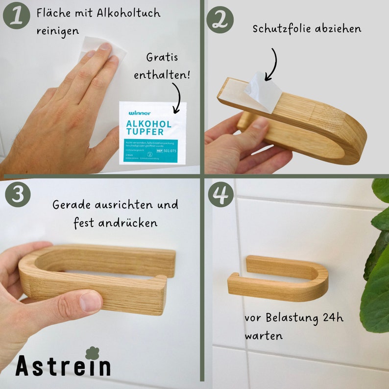May include: Four steps for installing a wooden toilet paper holder with adhesive backing. The steps are: 1. Clean the surface with an alcohol wipe. 2. Remove the protective film. 3. Align the holder and press firmly. 4. Wait 24 hours before using.