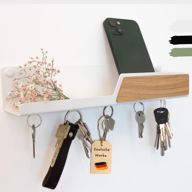 Simple Clavier magnétique Clavier en bois Chêne Porte-clés avec étagère Rangement clés métal noir Blanc