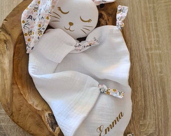 Doudou Lapin lange , double gaze de coton à personnaliser