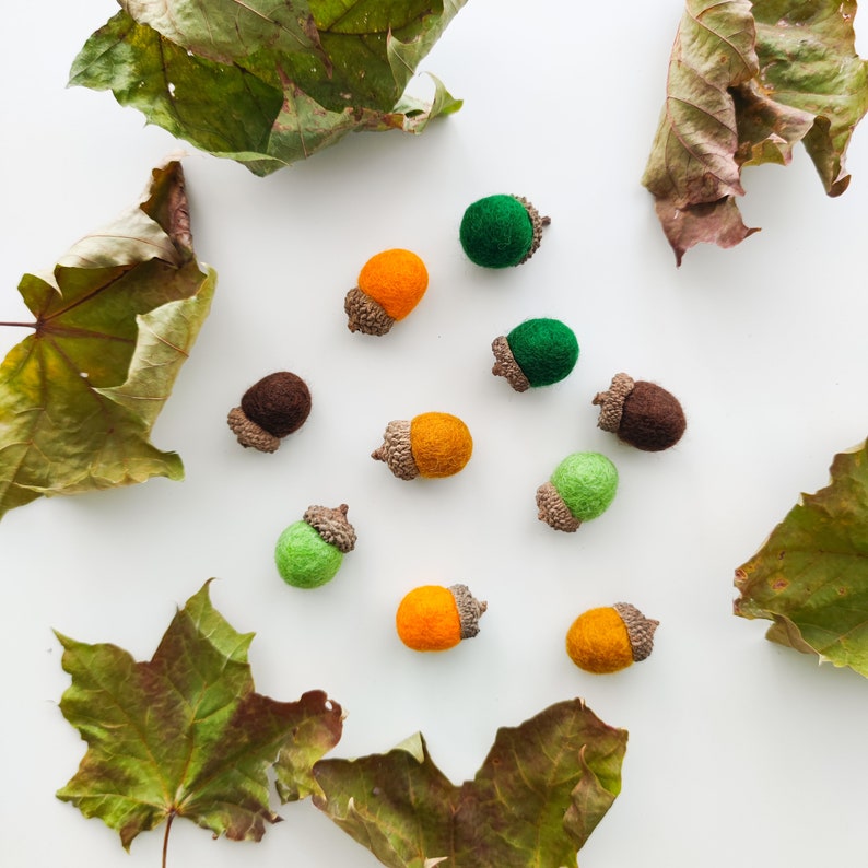 Set of 10 handmade felted acorns with natural caps. Nature-inspired sensory play tool for little learners. Fall autumn decoration. image 1