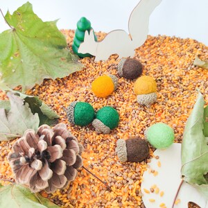 Set of 10 handmade felted acorns with natural caps. Nature-inspired sensory play tool for little learners. Fall autumn decoration. image 10