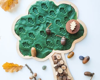 TREE-shaped sensory play tray for nature studies. Wooden board for kids' activities.