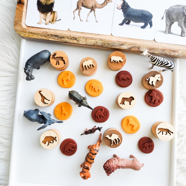 Exotic animals playdough stamps. Zoo animals stamp set. Montessori learning tools for homeschooling. Animal lover gift.