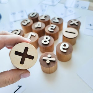 Wooden numbers and math symbols play dough stamps. Montessori-inspired learning material for toddlers and preschoolers. image 3