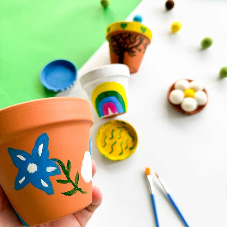 Terracotta pots painting kit. DIY crafts for kids. Child Artwork set. Small garden decoration. Gift idea for plant lovers. image 8