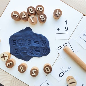 Wooden numbers and math symbols play dough stamps. Montessori-inspired learning material for toddlers and preschoolers. image 8