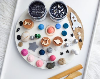Space play dough kit with handmade wooden stamps. Birthday gift for little astronomy lovers. Galaxy sensory play for preschoolers.