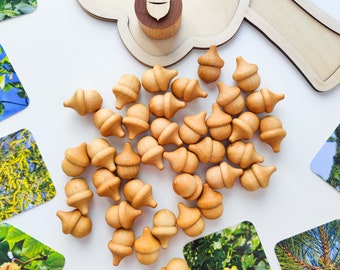 10 Wooden acorns for open-ended play. Montessori counting and Waldorf homeschool toy. Educational toy for kids learning. Fall craft decor.