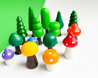 Forest sensory play set. 15 hand-painted trees and mushrooms. Colorful nature loose parts kit. Waldorf-inspired nature peg doll loose parts