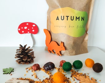 Fall-themed sensory bin filler. Multi-grain sensory kit with wooden squirrel and mushroom.  Woodland loose part play with natural material.