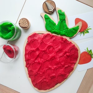Strawberry sensory play tray. Sorting tray for kids. Wooden play dough mat.