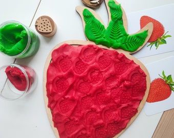 Strawberry sensory play tray. Sorting tray for kids. Wooden play dough mat.