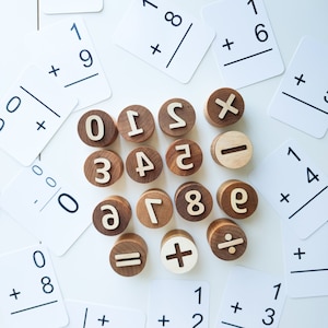 Wooden numbers and math symbols play dough stamps. Montessori-inspired learning material for toddlers and preschoolers. image 1