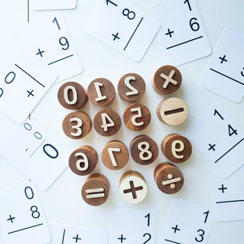 Wooden numbers and math symbols play dough stamps. Montessori-inspired learning material for toddlers and preschoolers. image 1