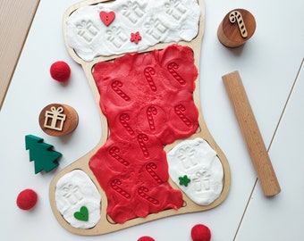 Christmas Stocking shaped wooden tray for sensory play. Montessori inspired sorting tray for homeschool lessons.