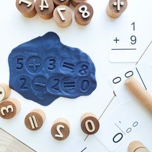 Wooden numbers and math symbols play dough stamps. Montessori-inspired learning material for toddlers and preschoolers. image 9