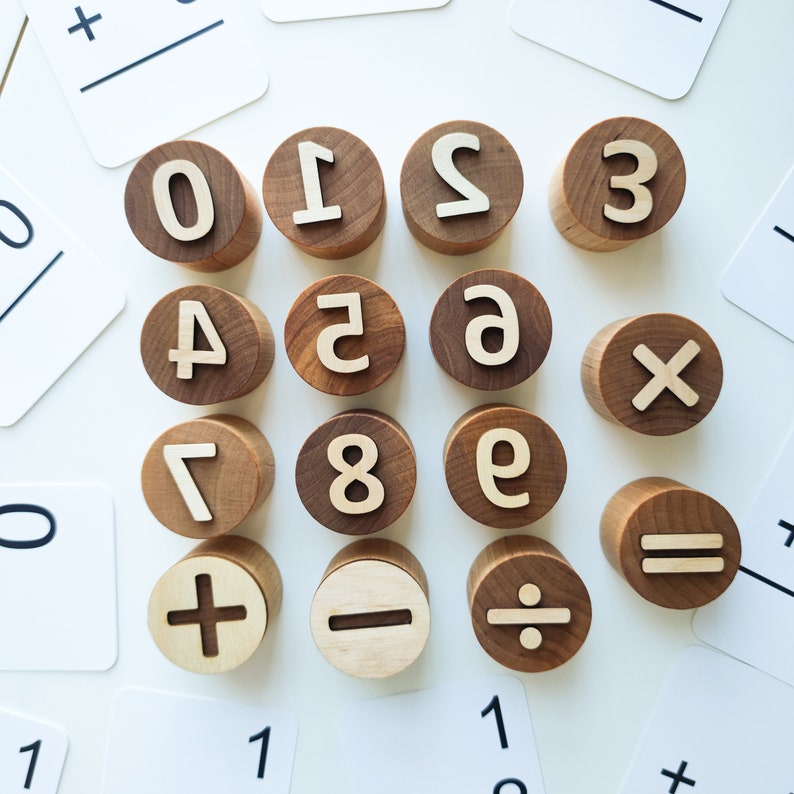 Wooden numbers and math symbols play dough stamps. Montessori-inspired learning material for toddlers and preschoolers. image 7