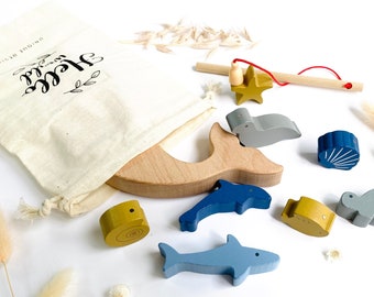 Jeu de pêche Océan aimanté | Cadeau de naissance en bois personnalisé | Jouet montessori | Cadeau anniversaire ou naissance | Cadeau 1 an