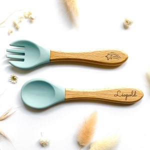 Cubiertos infantiles personalizados / Juego de cubiertos para bebé recién nacido / Tenedor y cuchara de madera / Regalo de nacimiento, cumpleaños Navidad