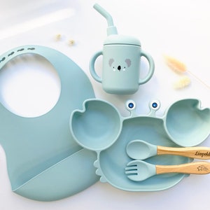 Personalized Silicone Meal Set / Child Baby Birthday Birth Gift / Glass Straw Animal Bib / Suction Cup Plate Meal Kit