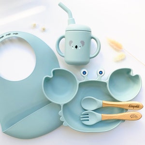 Personalized Silicone Meal Set / Baby/Birthday Gift / Bib, Cup, Straw, Animals / Suction Cup Plate Meal Set