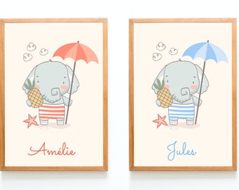 Personalisiertes Baby-Geburtsgeschenk / Kinderdekoration / Kinderzimmerplakat / Tierplakatdekoration / Elefant / Personalisiertes Plakat