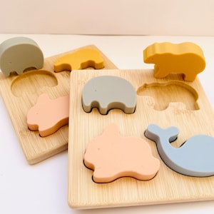 Personalized Montessori toy silicone and wood puzzle I Animal puzzle for child baby I Educational and awakening game I Boy girl gift idea image 3