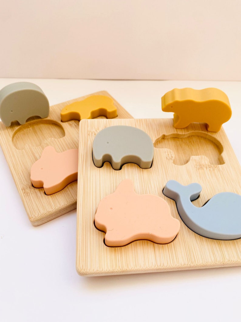 Personalized Montessori toy silicone and wood puzzle I Animal puzzle for child baby I Educational and awakening game I Boy girl gift idea image 3