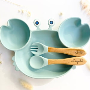 Essensset Saugnapfteller Besteck für personalisiertes Kind Taufe Geburt Geburtstagsgeschenk Baby-Kind-Geschenk Dinner-Box Bleu ciel
