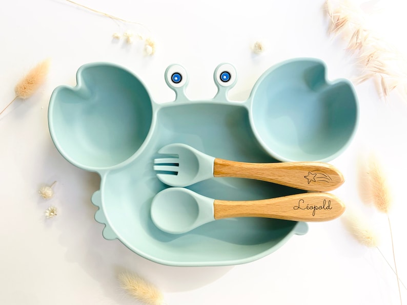 Essensset Saugnapfteller Besteck für personalisiertes Kind Taufe Geburt Geburtstagsgeschenk Baby-Kind-Geschenk Dinner-Box Bleu ciel