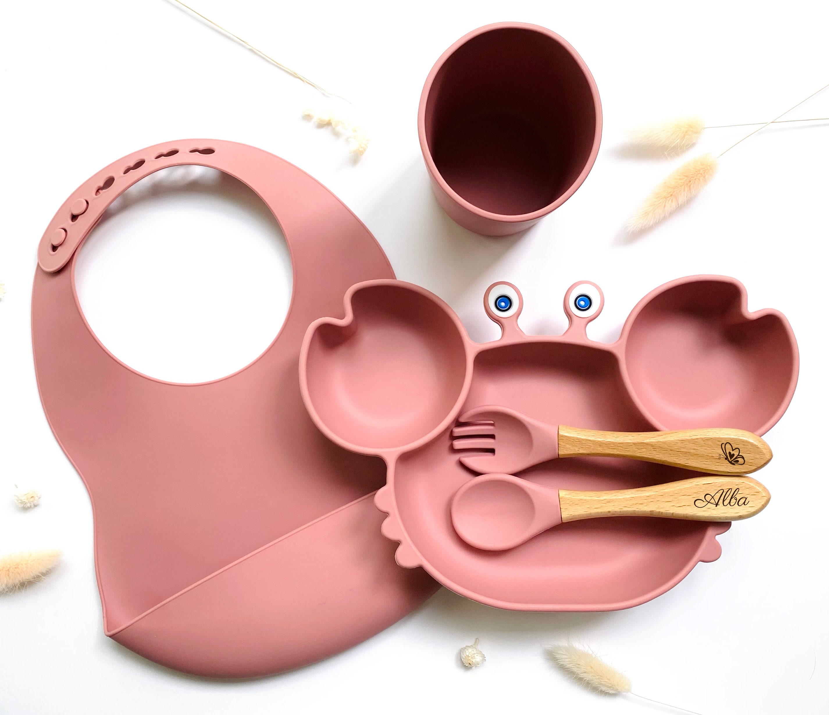 Ensemble Repas Bébé Complet Set Vaisselle en Silicone Kit Repas, Rose, Vert  Bleu