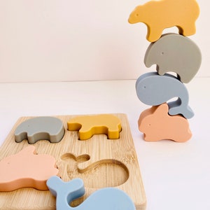 Personalized Montessori toy silicone and wood puzzle I Animal puzzle for child baby I Educational and awakening game I Boy girl gift idea image 4