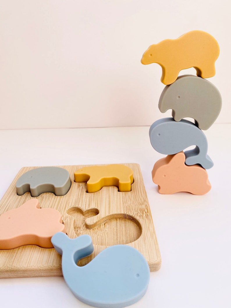 Personalized Montessori toy silicone and wood puzzle I Animal puzzle for child baby I Educational and awakening game I Boy girl gift idea image 4
