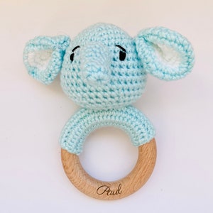 Crochet rattle for personalized baby / Teething ring / Personalized child and baby toy / Birthday birth gift Éléphant bleu