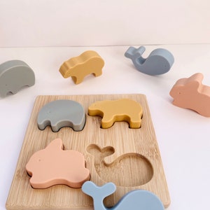 Personalized Montessori toy silicone and wood puzzle I Animal puzzle for child baby I Educational and awakening game I Boy girl gift idea image 5