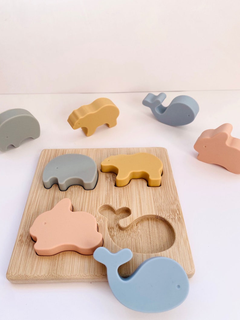 Personalized Montessori toy silicone and wood puzzle I Animal puzzle for child baby I Educational and awakening game I Boy girl gift idea image 5