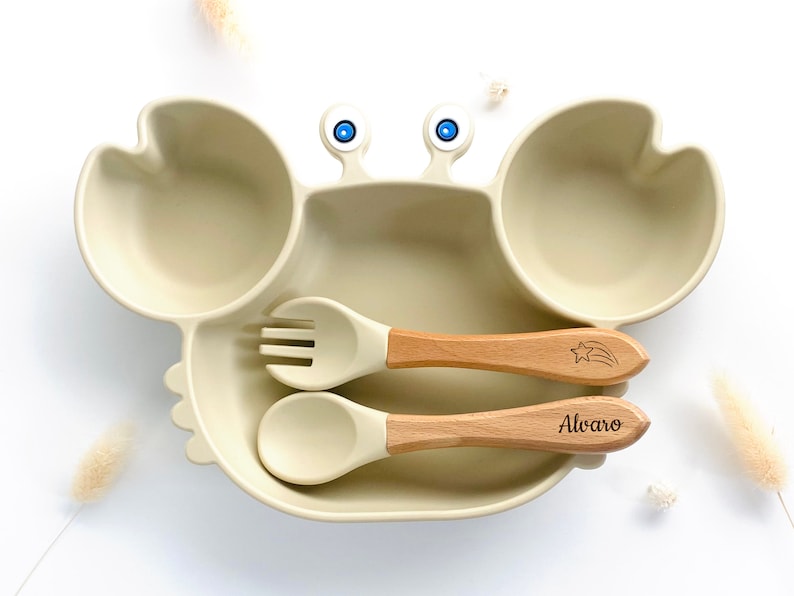 Set repas assiette ventouse couverts pour enfant personnalisé Cadeau Bapteme naissance anniversaire Cadeau enfant bébé Coffret Diner Sable