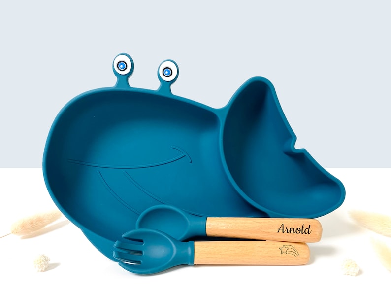 Set repas couvert personnalisé baleine pour Enfant Cadeau baptême naissance anniversaire Cadeau enfant et bébé Kit Coffret Diner Bleu Marine