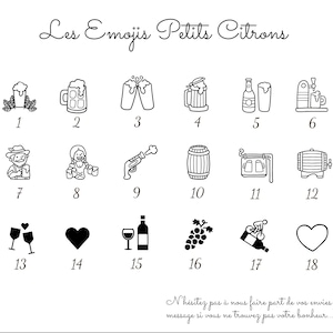 May include: Black and white line art illustrations of various emojis, including beer mugs, wine glasses, hearts, grapes, and a barrel. The title "Les Emojis Petits Citrons" is at the top of the image.