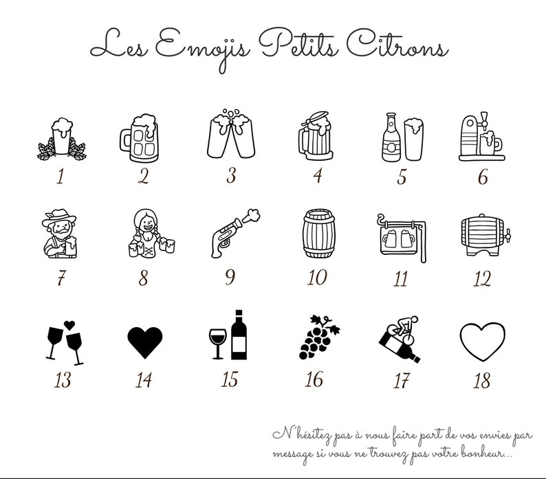 May include: Black and white line art illustrations of various emojis, including beer mugs, wine glasses, hearts, grapes, and a barrel. The title "Les Emojis Petits Citrons" is at the top of the image.