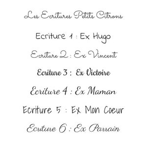 May include: A list of six different handwriting styles, each labeled with a number and a name. The names are "Ex Hugo", "Ex Vincent", "Ex Victoire", "Ex Maman", "Ex Mon Coeur", and "Ex Parrain".