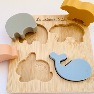 Personalized Montessori toy silicone and wood puzzle I Animal puzzle for child baby I Educational and awakening game I Boy girl gift idea image 2