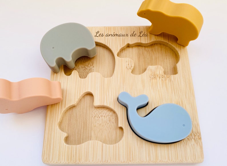 Personalized Montessori toy silicone and wood puzzle I Animal puzzle for child baby I Educational and awakening game I Boy girl gift idea image 2